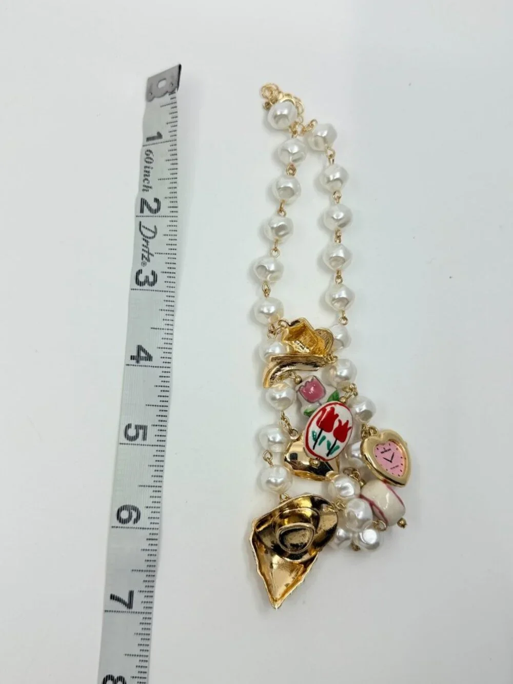Vintage Gold Tone Faux Pearl Charm Necklace Cowgirl Heart Watch Pendant Quirky